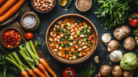A vibrant top view of hearty vegetable soup surrounded by fresh ingredients. Perfect for healthy meal preparation, showcasing organic vegetables and rich flavors.の素材