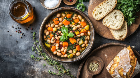 A delicious bowl of hearty vegetable soup featuring fresh beans and vibrant vegetables, surrounded by rustic bread and herbs, perfect for a wholesome meal.の素材