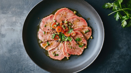 A beautifully presented sliced meat platter garnished with fresh herbs and vegetables, perfect for appetizers or gourmet dining experiences.の素材