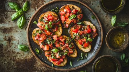 A delightful plate of fresh bruschetta topped with ripe tomatoes and fragrant basil. Perfect for appetizers or casual dining, this colorful dish enhances any meal.の素材