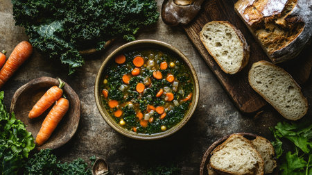 This inviting image showcases a bowl of fresh vegetable soup with carrots and kale, paired with rustic homemade bread, perfect for a healthy meal.の素材
