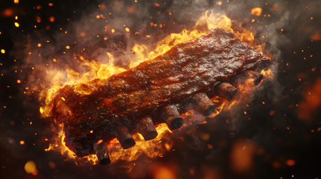 A mouthwatering grilled rib dish surrounded by vibrant flames captures the essence of barbecue. Perfect for presentations on cooking and culinary art.の素材