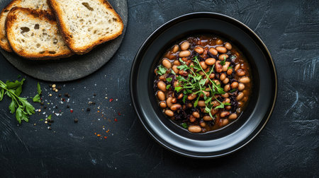 A hearty bowl of bean soup garnished with fresh herbs, served with slices of crispy toast. Perfect for a cozy dinner or healthy meal option.の素材
