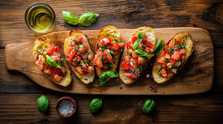 A delightful arrangement of fresh basil bruschetta on a wooden board, featuring ripe tomatoes, drizzle of olive oil, and garnished with herbs. Perfect for appetizers or casual dining.の素材