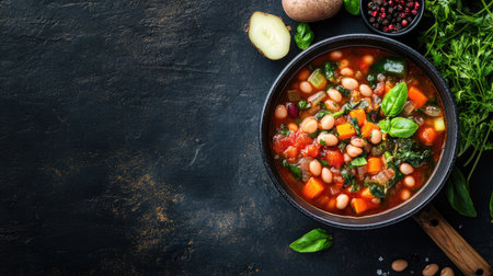 A vibrant vegetable soup featuring fresh ingredients in a black bowl, perfect for a cozy meal. Ideal for healthy recipes and culinary inspiration.の素材