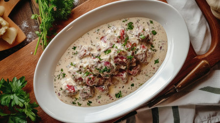 A sumptuous creamy meat dish garnished with fresh herbs, presented elegantly on a wooden plate. Perfect for showcasing culinary skills and flavors.の素材