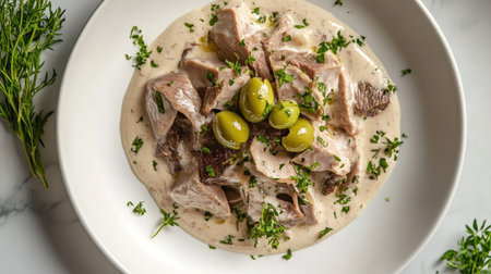 A delicious creamy meat dish served with green olives and fresh herbs, perfect for home dining or gourmet restaurant menus. A feast for the senses!の素材