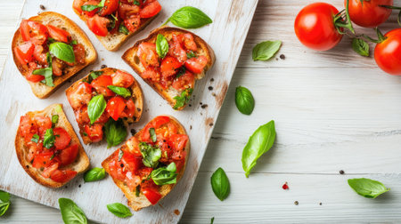Delight in fresh bruschetta topped with ripe tomatoes and basil, perfect for appetizers or snacks. A vibrant, rustic presentation enhances any meal.の素材