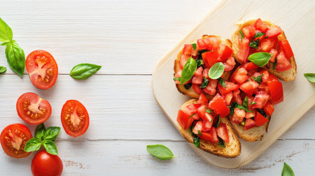 Delight in this rustic bruschetta featuring fresh tomatoes and basil on a wooden board. Perfect for appetizers, gatherings, or snack time.の素材