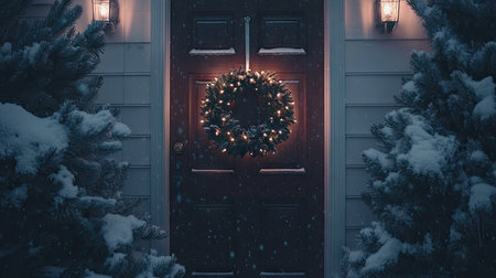 A warm holiday wreath hangs on a wooden door, surrounded by snow-laden pine trees. The soft glow from the lights creates a cozy winter atmosphere.の素材