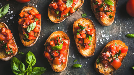 A vibrant arrangement of fresh bruschetta featuring diced tomatoes, herbs, and basil on toasted bread. Perfect for appetizers or gatherings.の素材