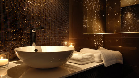 This chic bathroom features a stylish sink and modern faucet, complemented by elegant decor and soft lighting, creating a relaxing and tranquil atmosphere.の素材