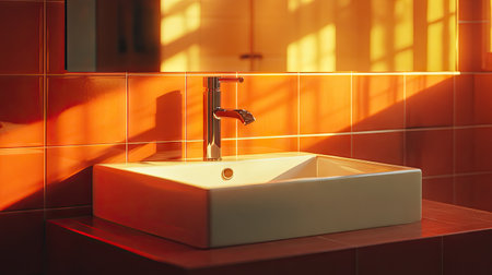 A bright and airy bathroom featuring a sleek sink that reflects the warm light. This modern space embodies elegance and tranquility, perfect for relaxation.の素材
