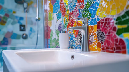 A vibrant bathroom featuring a bright ceramic sink alongside a colorful mosaic wall. This modern space exudes a cheerful ambiance perfect for relaxation and hygiene.の素材
