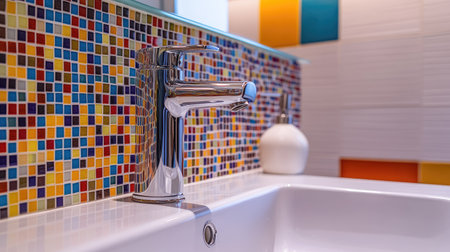 This stylish bathroom features a bright ceramic sink and a modern faucet against a vibrant mosaic tile backdrop, creating an inviting atmosphere.の素材