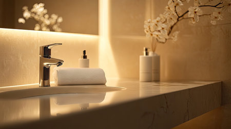 Discover an elegant brushed nickel faucet in a modern bathroom setting, showcasing minimalist design with soft lighting, enhancing relaxation and style.の素材