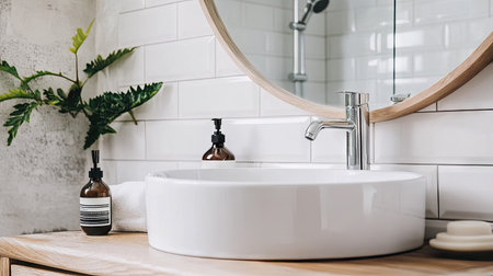 Discover a modern bathroom scene featuring a clean, airy design with natural elements. The stylish sink and mirror create a serene atmosphere ideal for relaxation.の素材