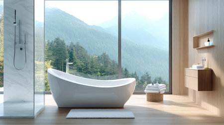 Experience a serene modern bathroom with a stunning mountain backdrop, featuring a sleek tub, minimal decor, and abundant natural light for a tranquil retreat.の素材