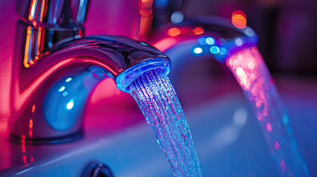 A striking close-up of a futuristic faucet with vibrant water flow, showcasing modern design and colorful lighting effects. Perfect for artistic and contemporary themes.の素材
