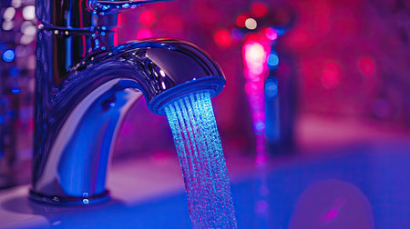 A vibrant close-up image of a faucet with colorful water flow, showcasing modern design and reflective chrome. Ideal for kitchen or bathroom themes.の素材