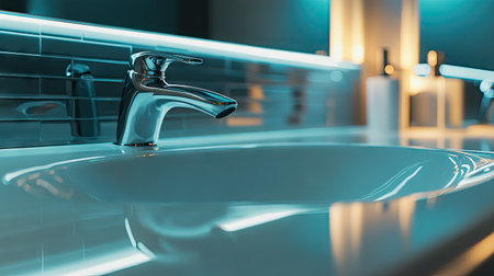 A close-up view of a polished chrome faucet in a modern bathroom, showcasing sleek lines, reflections, and ambient lighting for a stylish and elegant atmosphere.の素材
