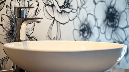 This close-up photo features a stylish oval faucet beside a modern sink against a floral backdrop, showcasing a blend of elegance and contemporary design ideal for interior inspiration.の素材