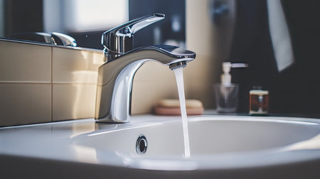 A modern chrome faucet elegantly pours water into a bright white sink, showcasing a clean and contemporary design perfect for any bathroom.の素材