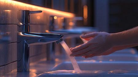 A serene image of hands being washed under a sleek modern faucet, showcasing the importance of hygiene and cleanliness in a stylish bathroom setting.の素材