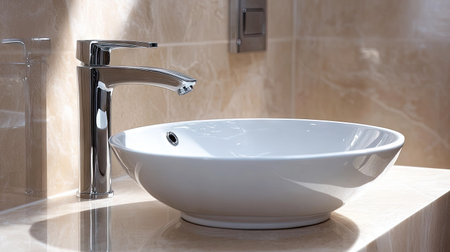 A modern ceramic bathroom sink featuring a sleek faucet, perfect for contemporary spaces. Ideal for home interiors, renovation projects, or decor inspiration.の素材