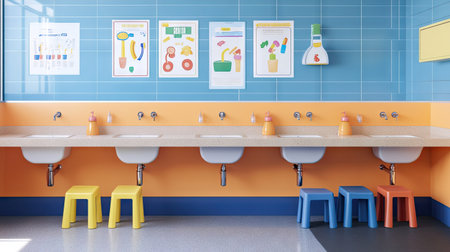 A vibrant and modern family-friendly restroom designed for children, featuring colorful decor and engaging educational graphics to create a welcoming atmosphere.の素材
