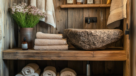 This cozy bathroom features wooden accents, a stone sink, and natural decor, creating a serene and inviting space perfect for relaxation and wellness.の素材