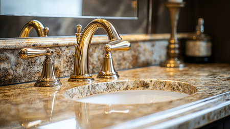Discover a modern high-end faucet in a stylish bathroom featuring an elegant granite countertop and polished chrome finishes for a luxurious look.の素材