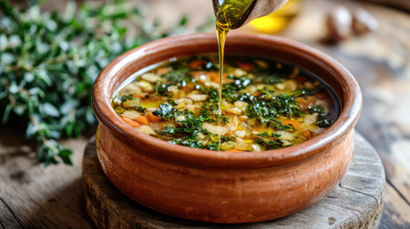 A warm bowl of fresh vegetable soup drizzled with olive oil, showcasing vibrant ingredients and herbs. Perfect for a healthy and nourishing meal.の素材