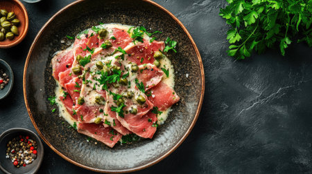 A tantalizing plate of thinly sliced beef garnished with herbs and spices, perfect for any gourmet dining experience or culinary presentation.の素材