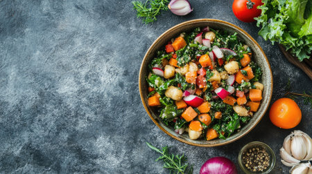 A vibrant bowl of fresh salad featuring a mix of vegetables like carrots, tomatoes, and greens, perfect for healthy meals or snacks.の素材