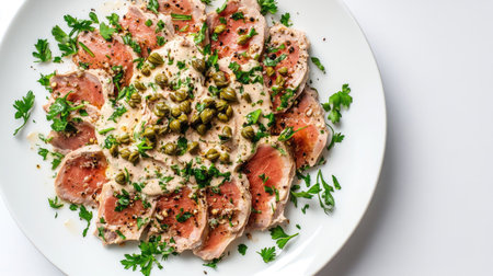 A beautifully arranged plate of freshly prepared salmon topped with a creamy sauce and herbs, ideal for culinary presentations and gourmet recipes.の素材