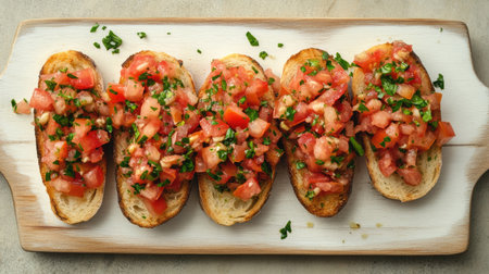 Delve into a vibrant appetizer featuring toasted bread topped with fresh tomatoes and aromatic herbs. Perfect for gatherings or a delicious snack.の素材