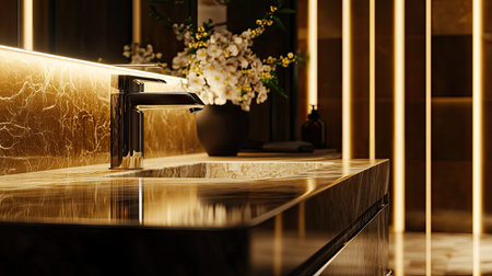 Experience the elegant design of a luxurious marble bathroom with stylish fixtures and warm lighting, creating a serene ambiance perfect for relaxation and comfort.の素材