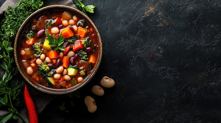 A vibrant bowl of vegetable soup filled with colorful ingredients, showcasing healthy beans and fresh herbs, perfect for a nutritious meal or recipe inspiration.の素材