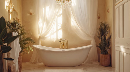 Discover an elegant bathroom interior featuring a luxurious tub illuminated by natural light. The warm tones and decor create a serene and inviting space.の素材