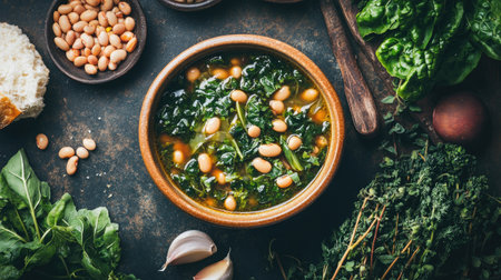 A rustic bowl filled with healthy spinach and bean soup, surrounded by fresh ingredients like garlic and thyme. Perfect for a nutritious meal.の素材