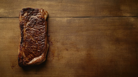 A perfectly grilled steak resting on a rustic wooden table, showcasing its delicious texture and flavor. Ideal for culinary and dining themes.の素材