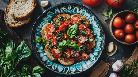 A vibrant fresh tomato salad served with basil and toasted bread. This rustic dish highlights the colors and flavors of summer, perfect for any meal.の素材