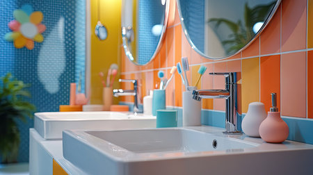 Explore this vibrant family bathroom featuring modern sinks and colorful decor designed for a cheerful atmosphere, perfect for everyday relaxation and comfort.の素材