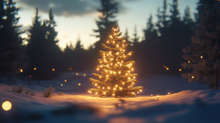 A beautiful Christmas tree illuminated with warm lights stands in a snowy forest at dusk, creating a magical and serene winter atmosphere.の素材