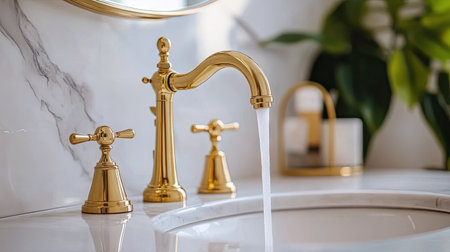 This elegant faucet showcases a gold finish, enhancing the contemporary bathroom decor. The luxurious design combines functionality with aesthetics.の素材