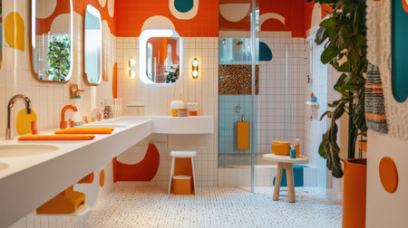 Explore this vibrant family bathroom featuring cheerful colors and a modern design. Enjoy an inviting atmosphere with playful decor and stylish fixtures.の素材