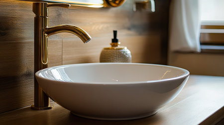 Discover a luxurious white ceramic basin featuring a sleek gold faucet. This elegant design enhances any modern bathroom with its stylish and refined aesthetic.の素材