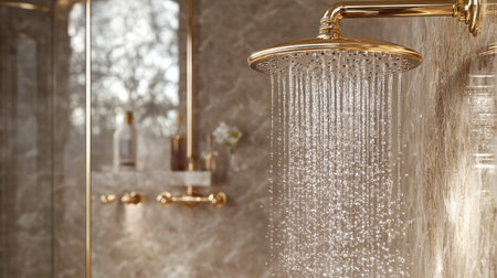 Discover a luxurious bathroom showcasing marble tiles and an elegant gold showerhead, providing a stylish and relaxing retreat for your wellness needs.の素材