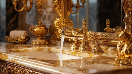 Discover the elegance of a gold faucet with a luxurious finish, perfect for upscale bathroom designs. Ideal for those seeking opulent details and stylish aesthetics.の素材